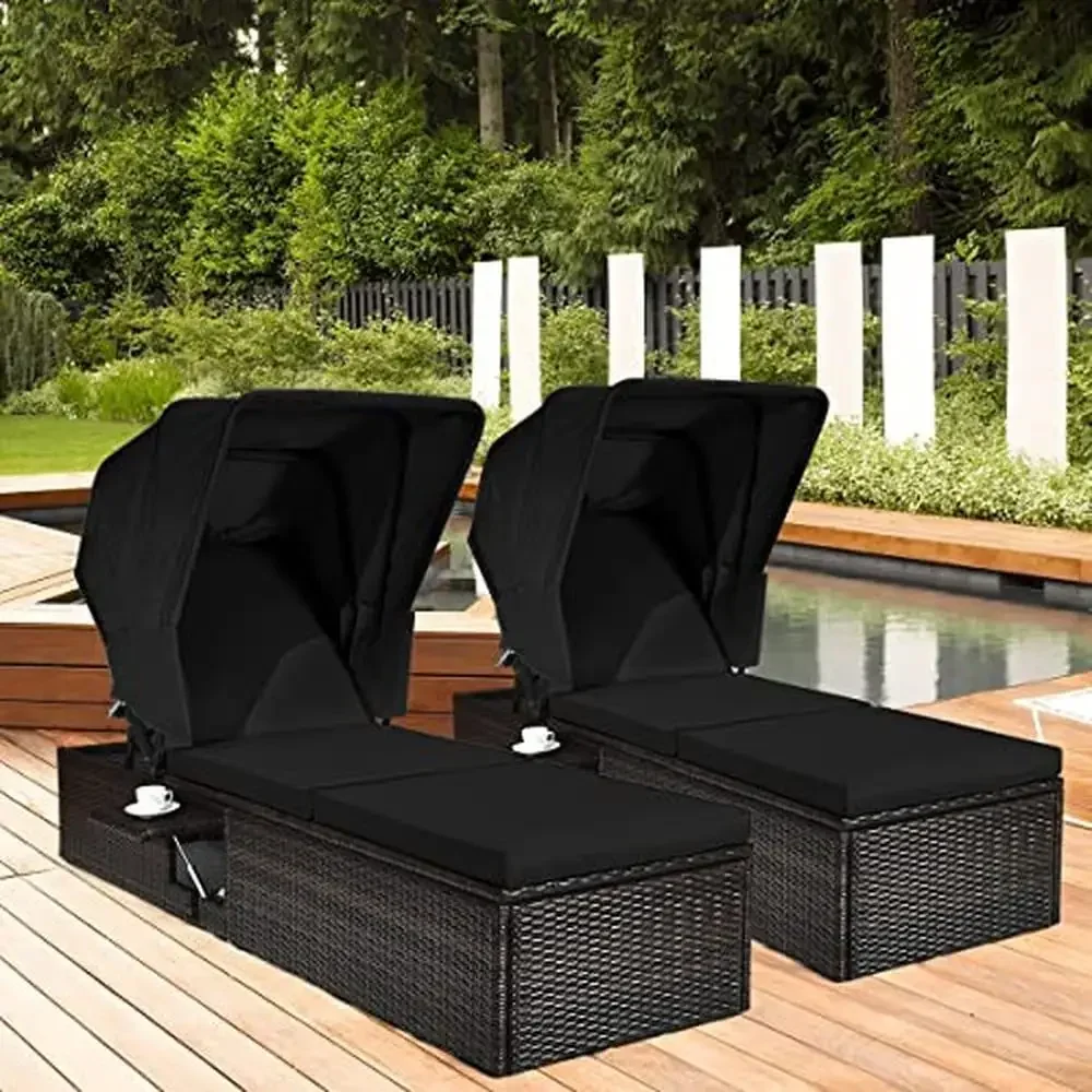 Outdoor Chaise Lounge Chair Folding Canopy Adjustable Cushioned Reclining Flip-up Tea Table Rattan Sunshade Humanized Design