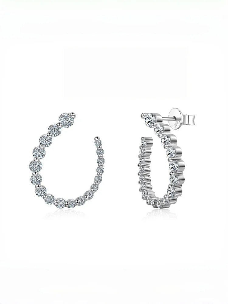 Women's round Cut Moissanite Half Hoops Earrings 925 Sterling Silver U-Style Size Gradient Diamond Stud Fine Jewelry