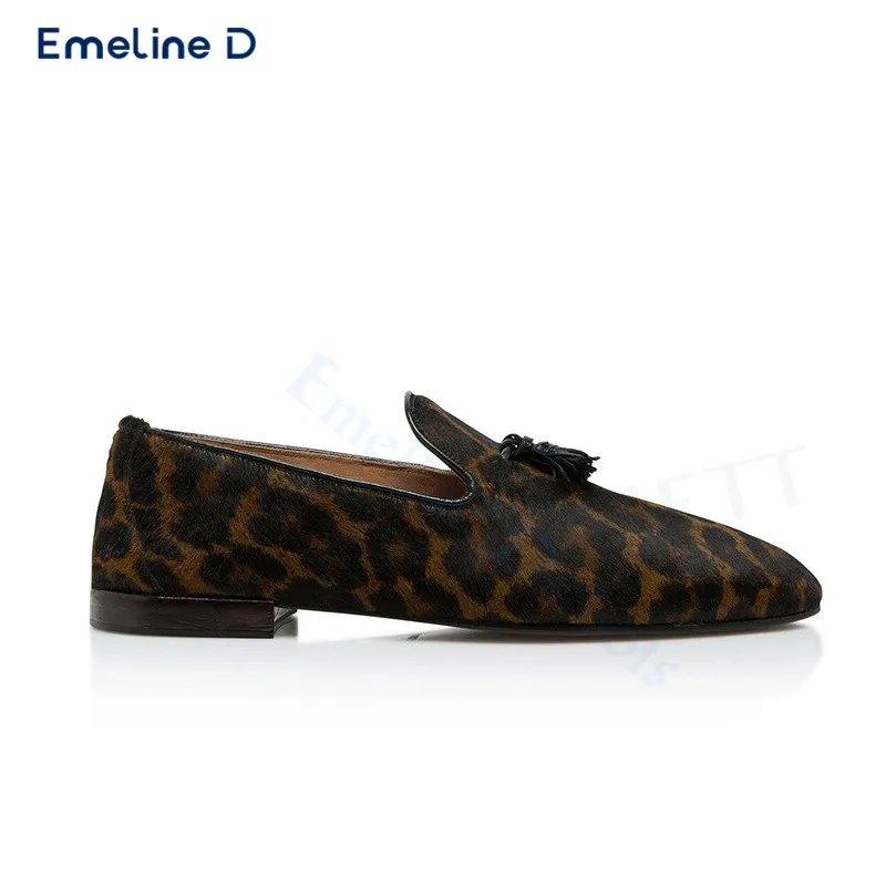 

Fashion Leopard Print Slip-On Loafers with Black Tassels for Men Comfortable Casual Shoes with Large Size Chunky Heels