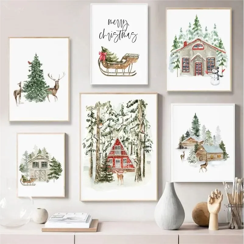 Painting Wall Art Christmas Farmhouse Pictures Forest Deer Woodland Posters and Prints Winter Canvas Painting Home Decor