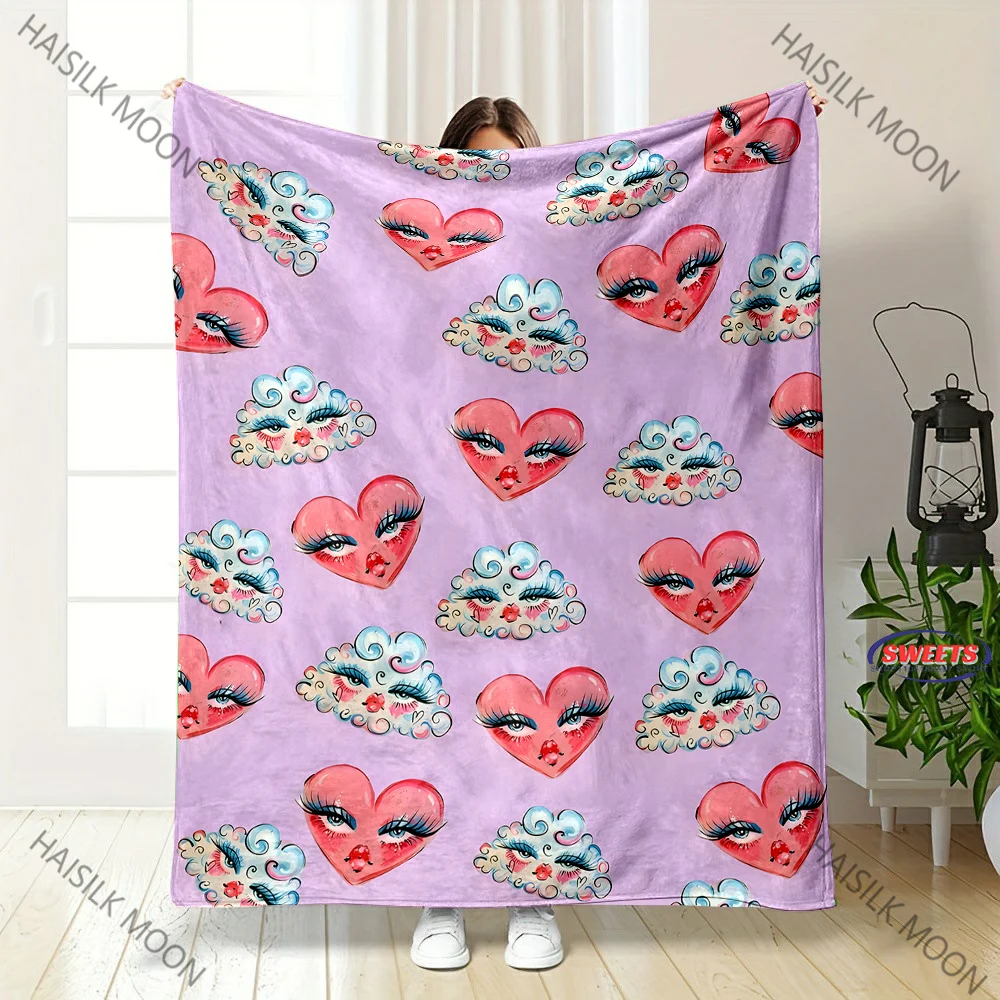 Cartoon Eyelashes Theme Printed Blanket, Super Soft Comfortable Great Gift for Female Friends Bedroom Sofa Four Seasons Blanket