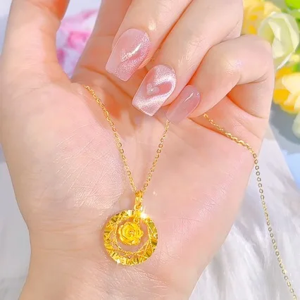 Rose 24K yellow necklace for women, flashing flower pendant, romantic clavicle chain AU999, real gold jewelry for girlfriend