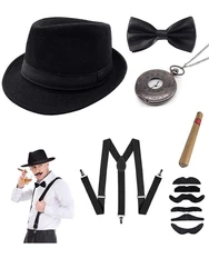 1920s Mens Gatsby Gangster Accessories Set Panama Hat Suspender Bow Tie 20s Great Gatsby Cosplay Accessories