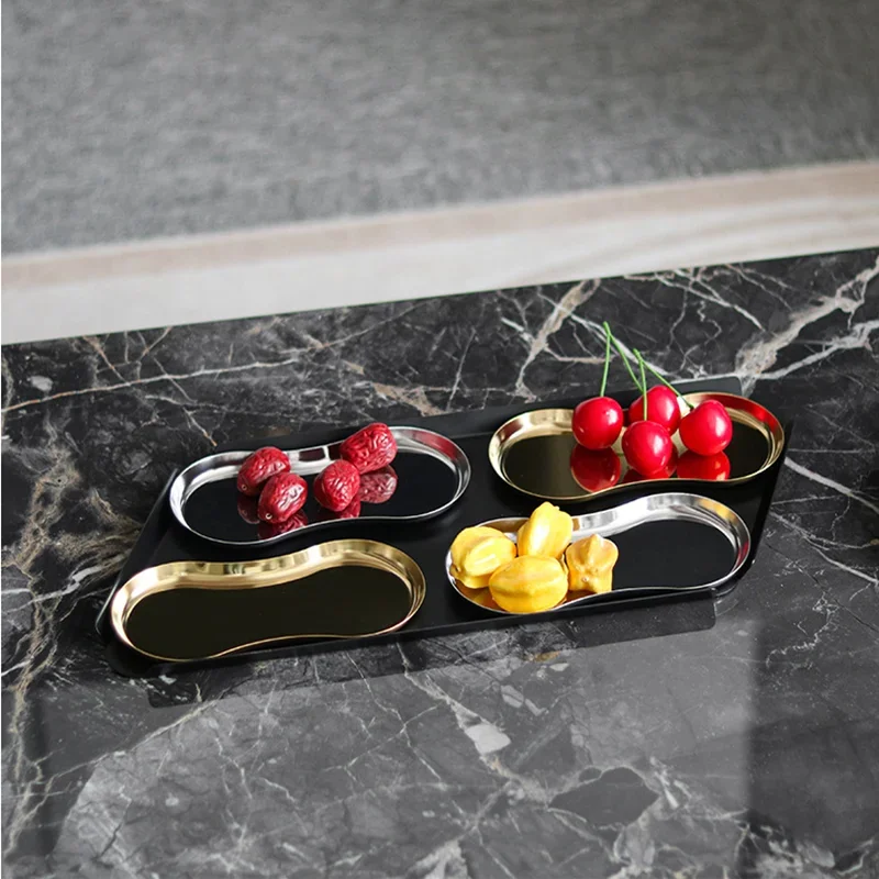 Geometric Art Combination Metal Tray, Abstract Peanut Compartment Storage Tray, Triple Fan-shaped Fruit Tray, Desserts, Snacks