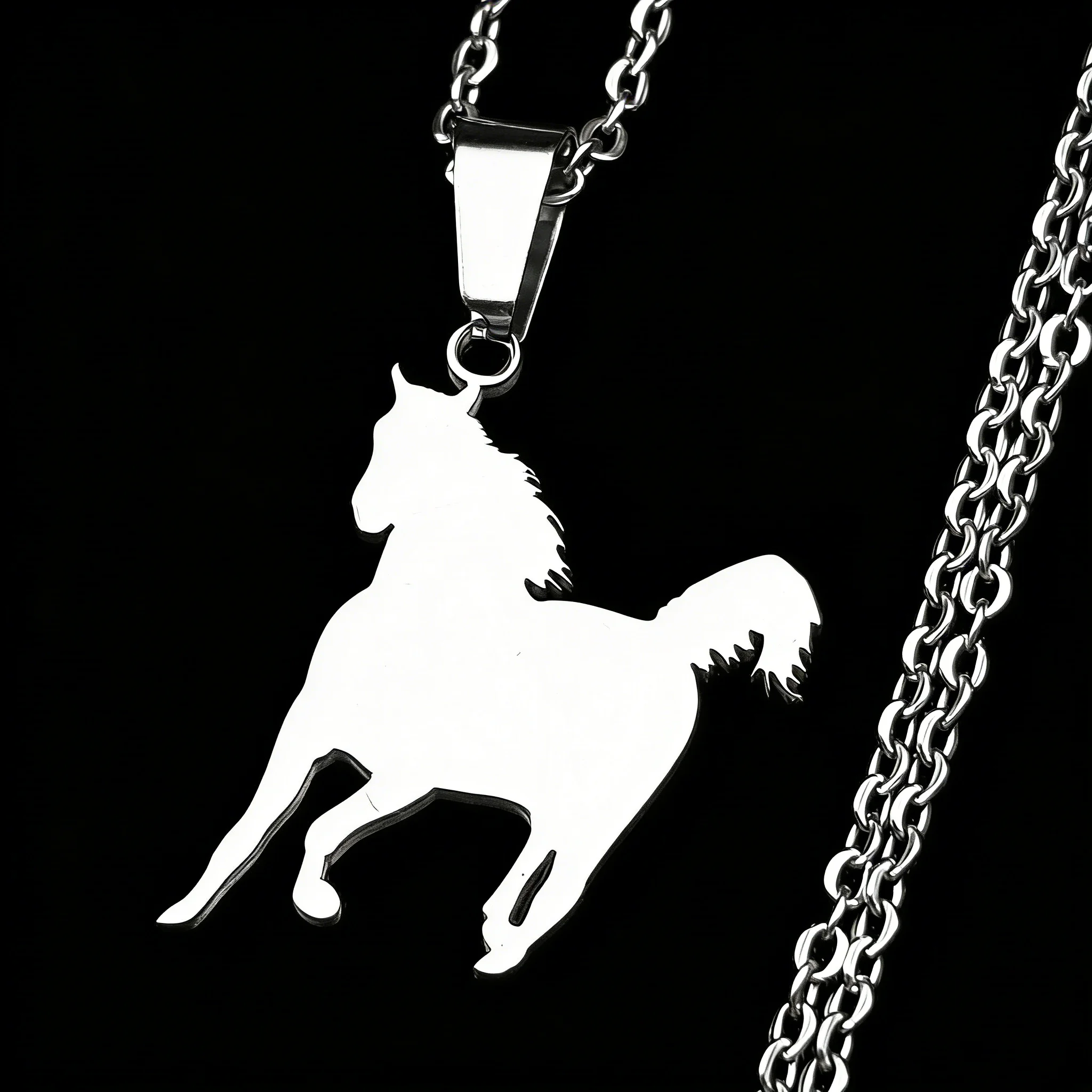 Glückliches Pferd Jahr Pferdefigur Kette für Damen und Herren, Edelstahl, silberfarben, Tiermotiv, schlichte Schlüsselbeinkette, Schmuckgeschenke – Detail 7