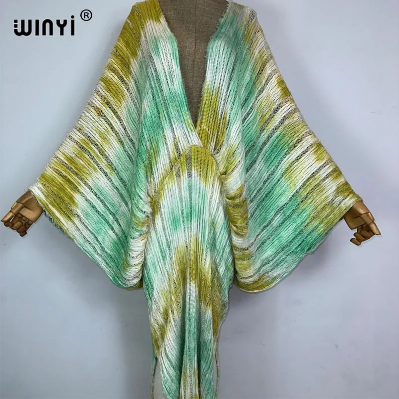 Imagem -04 - Winyi Novo Tie-dye Impressão Verão Deep V-neck Malha Oco Sexy Dress Elegante Vestido de Noite Andar-varrendo Mulheres Beachwear Kaftan