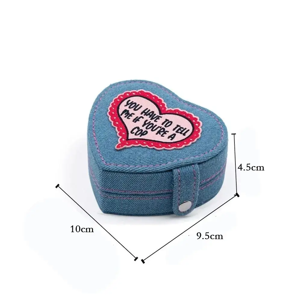 Портативная джинсовая сумка для упаковки ювелирных изделий, мини-пыленепроницаемая дорожная коробка для хранения колец, дисплей для ювелирных изделий, шкатулка для драгоценностей в форме сердца