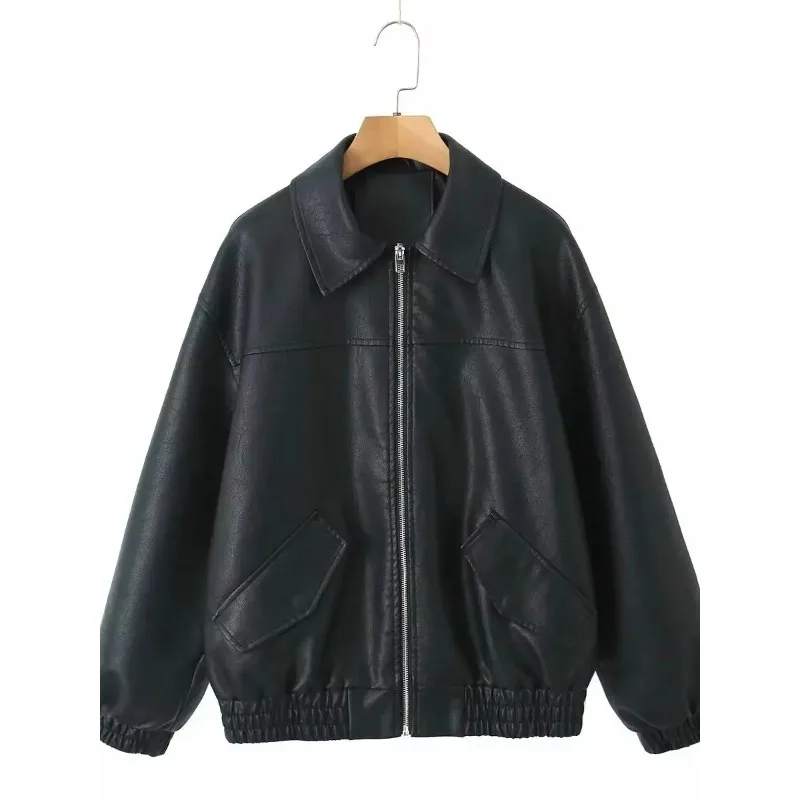 Jaqueta Feminina de Couro Sintético Preto Retrô Solta Estilo Streetwear 2026 - Casaco Vintage com Zíper para Primavera/Outono - Motoqueira