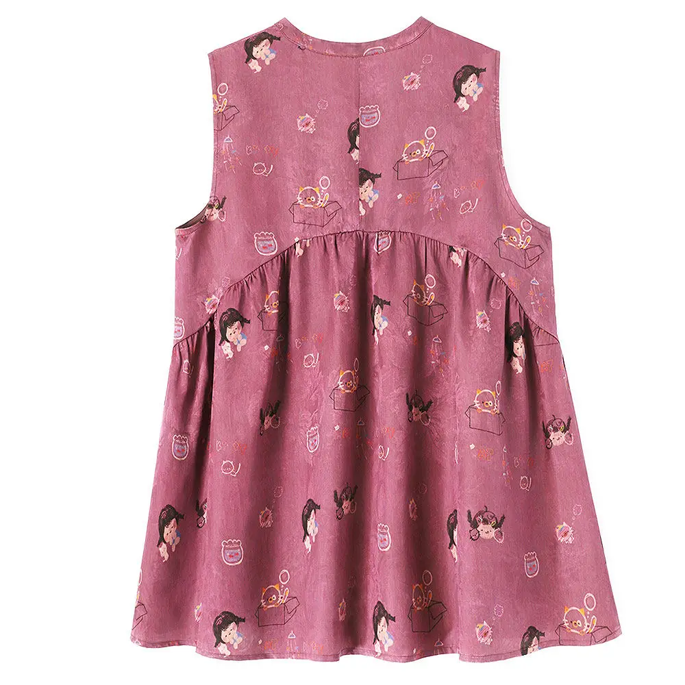 BirdTree-35MM Silk Watered Gauze Elegant Vest, O Neck Cartoon Print, Women OL Age Reduction Loose Coat, 2026 Summer New C67190CC