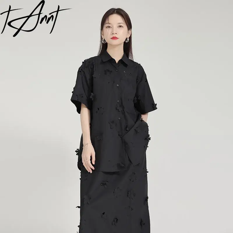 Tannt Women Shirt Flowers Patchwork Hollow Out Casual Shirt Blouses 2023 New Summer Loose Women Blouses Tops Black White