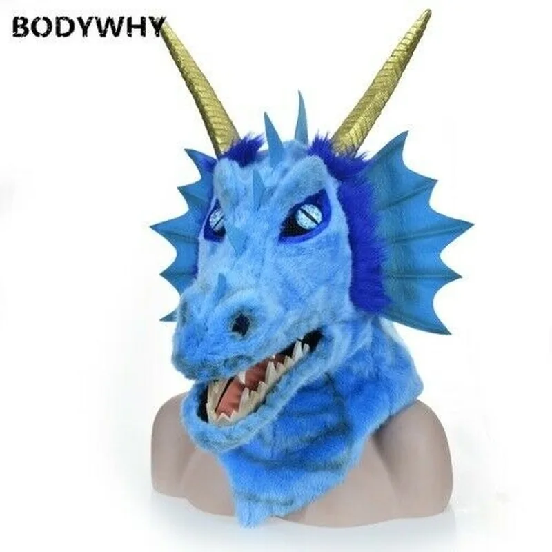 Blue Dragon Mascot Costume Mask Can Move Mouth Head Suit Halloween Outfit Cosplay Fursuit Carnival Halloween Xmas Easter Ad