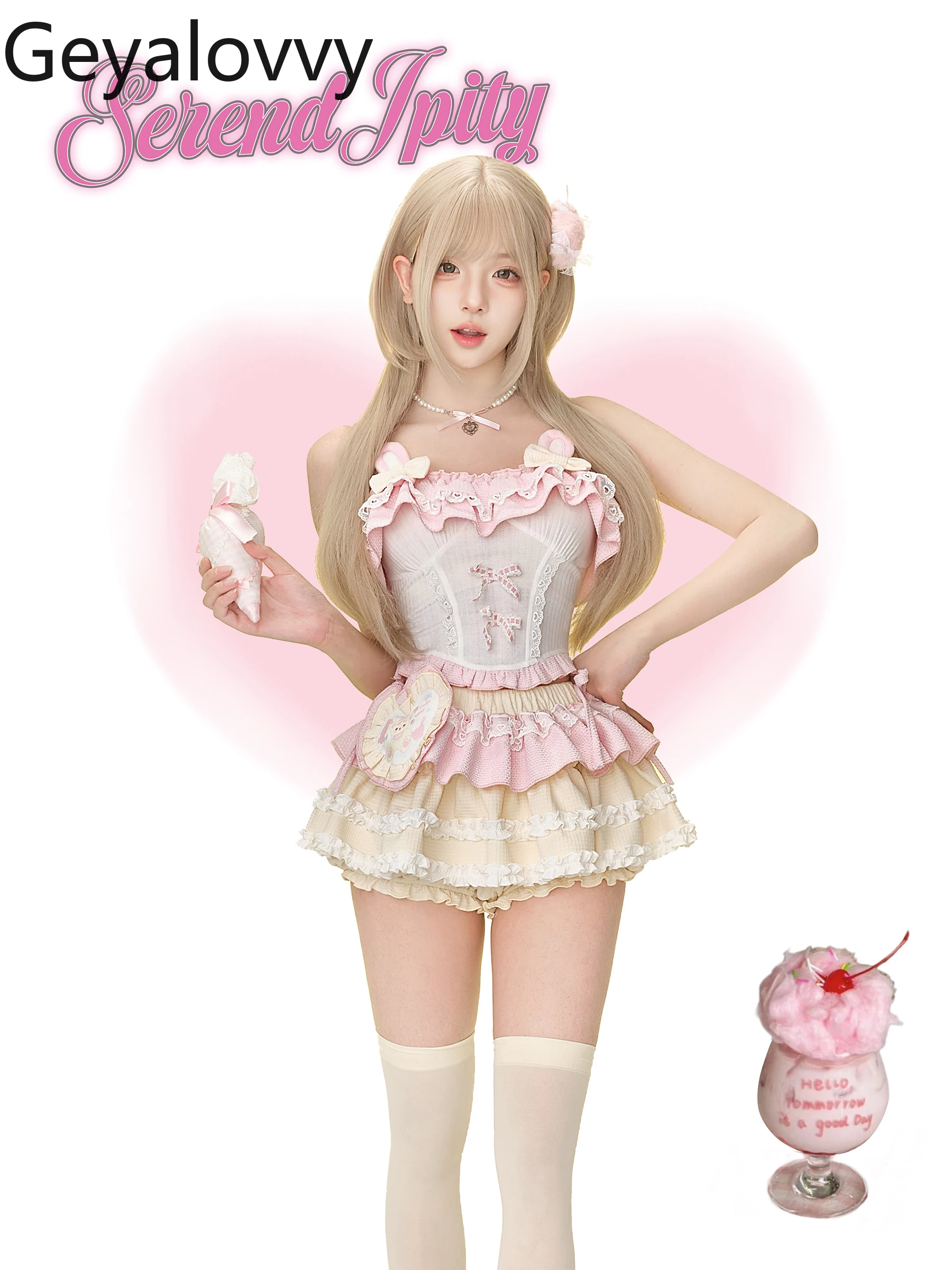 

Summer 2 Piece Sets Womens Outfits 2025 New Sweet and Cute Fashion Pink Rabbit Ear Suspender Top + Lotus Leaf Skirt Suit