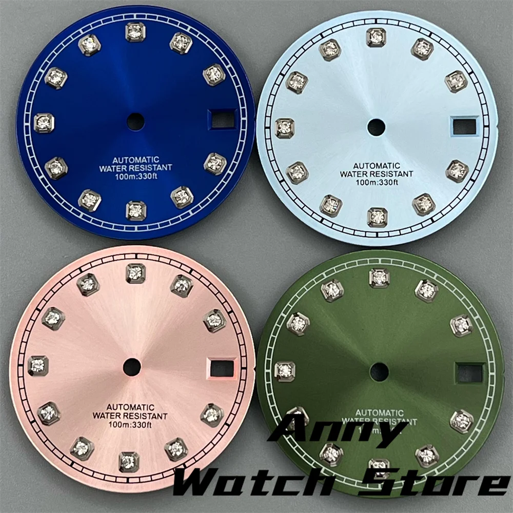 29mm Watch Dial White Black Blue Pink Green Dial With Diamond Index Date Fit NH35 Movement