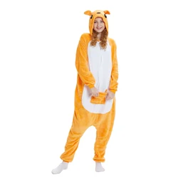 Unisex Adult Kangaroo Pajamas Cosplay Onesies Cartoon Animal Sleepwear Pyjamas Warm Flannel Hooded Christmas Halloween Jumpsuits