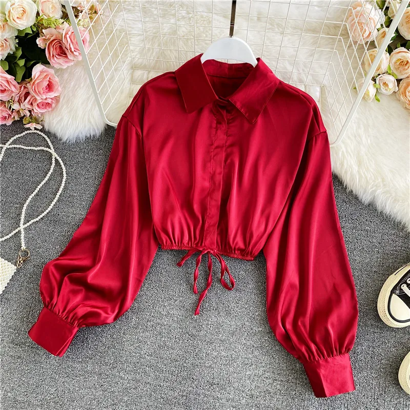 Women's Satin irt ort Slim Fit Long Sve Pure Color Commute Sle  Collar Button Detail Summer New Arrival