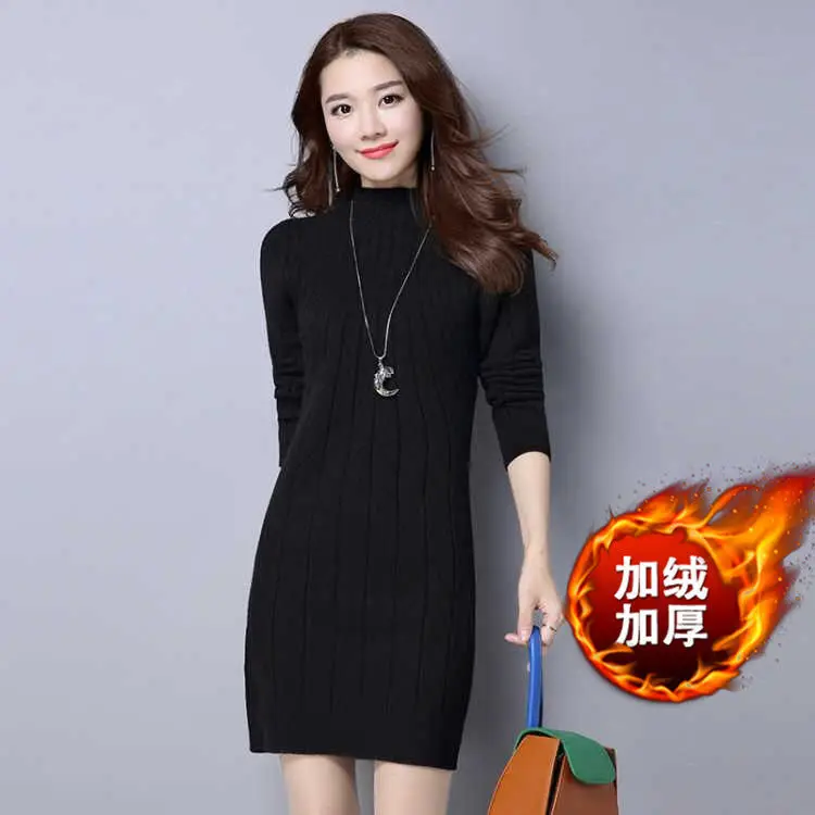 Fdfklak High Collar Women Pullover Mid-Long Sweater Dress Knitted Warm Plus Velvet Sweaters Long Sleeve Winter Bottoming Shirt