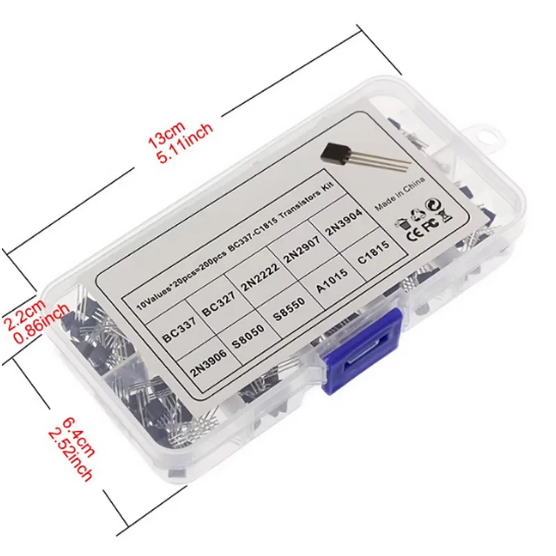 200Pcs Transistor Kit BC327 BC337 2N2222 2N2907 2N3904 2N3906 S8050 S8550 A1015 C1815 PNP/NPN 10 Values TO-92 Transistors Set