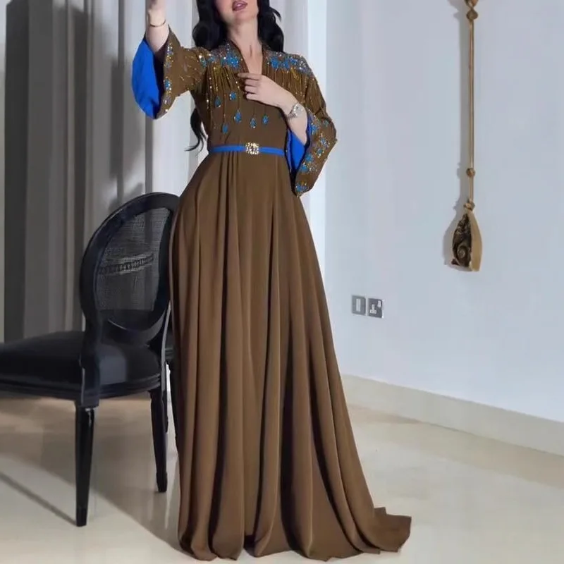 Sukienka szlafrokowa z nadrukiem kwiatów z diamentami, seksowna sukienka damska z dekoltem w serek, wysokim stanem, na bankiet, nowa moda, długi rękaw, dopasowana sukienka na wakacje.