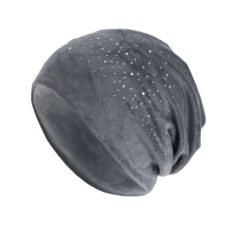 New Women Rhinestone Decor Velvet Slouchy Beanie Baggy Hat Solid Color Elastic Skull Cap Lightweight Warm Beanies Chemo Cap