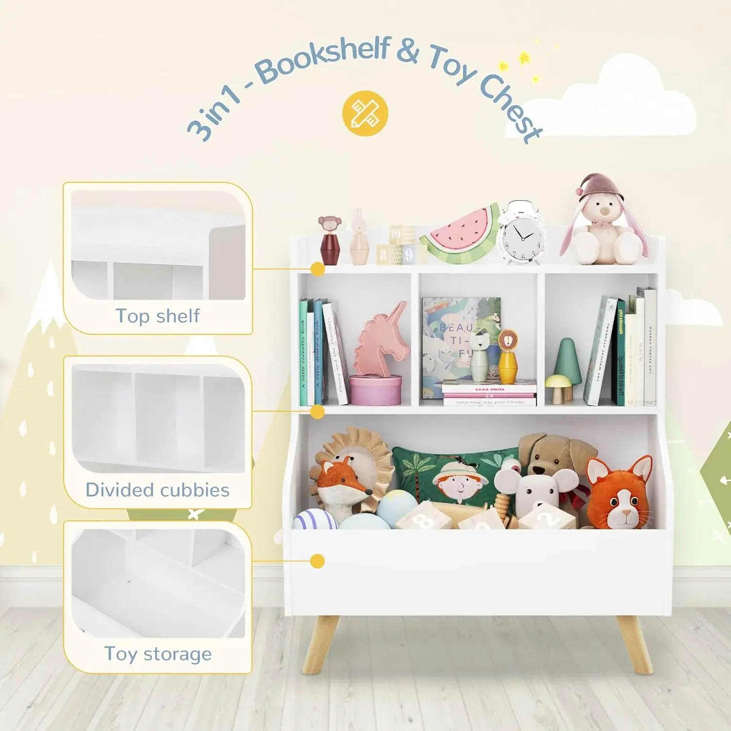 Kinder-Bücherregal und Spielzeugaufbewahrung, 3-stöckiges offenes Bücherregal aus Holz, Babybuch- und Spielzeugaufbewahrungs-Display-Organizer