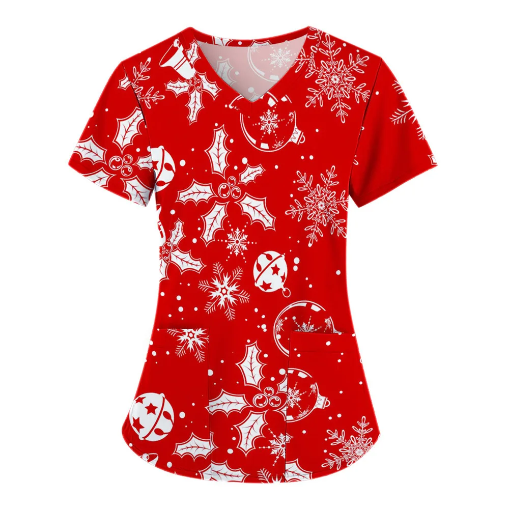 Европейская и американская женская униформа для кормления, рождественская серия, повседневная рабочая униформа медсестры с короткими рукавами и v-образным вырезом с 3D принтом