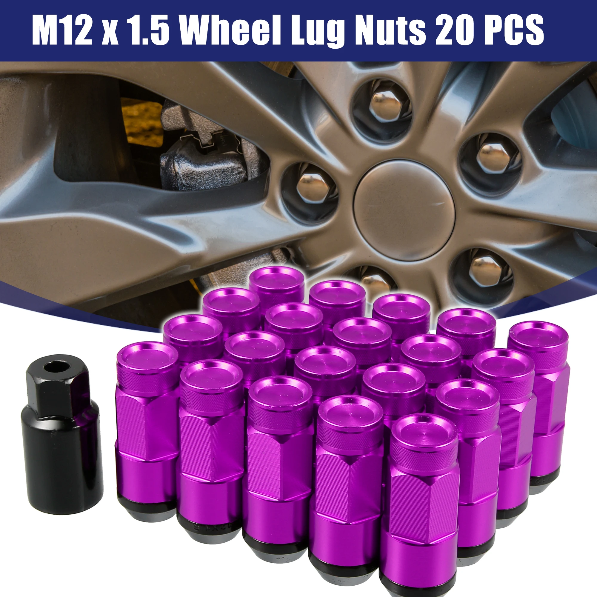 UXCELL 1 Set M12x1.5 Car Wheel Heptagon Lug Nut 54mm Screws with Socket Key Purple