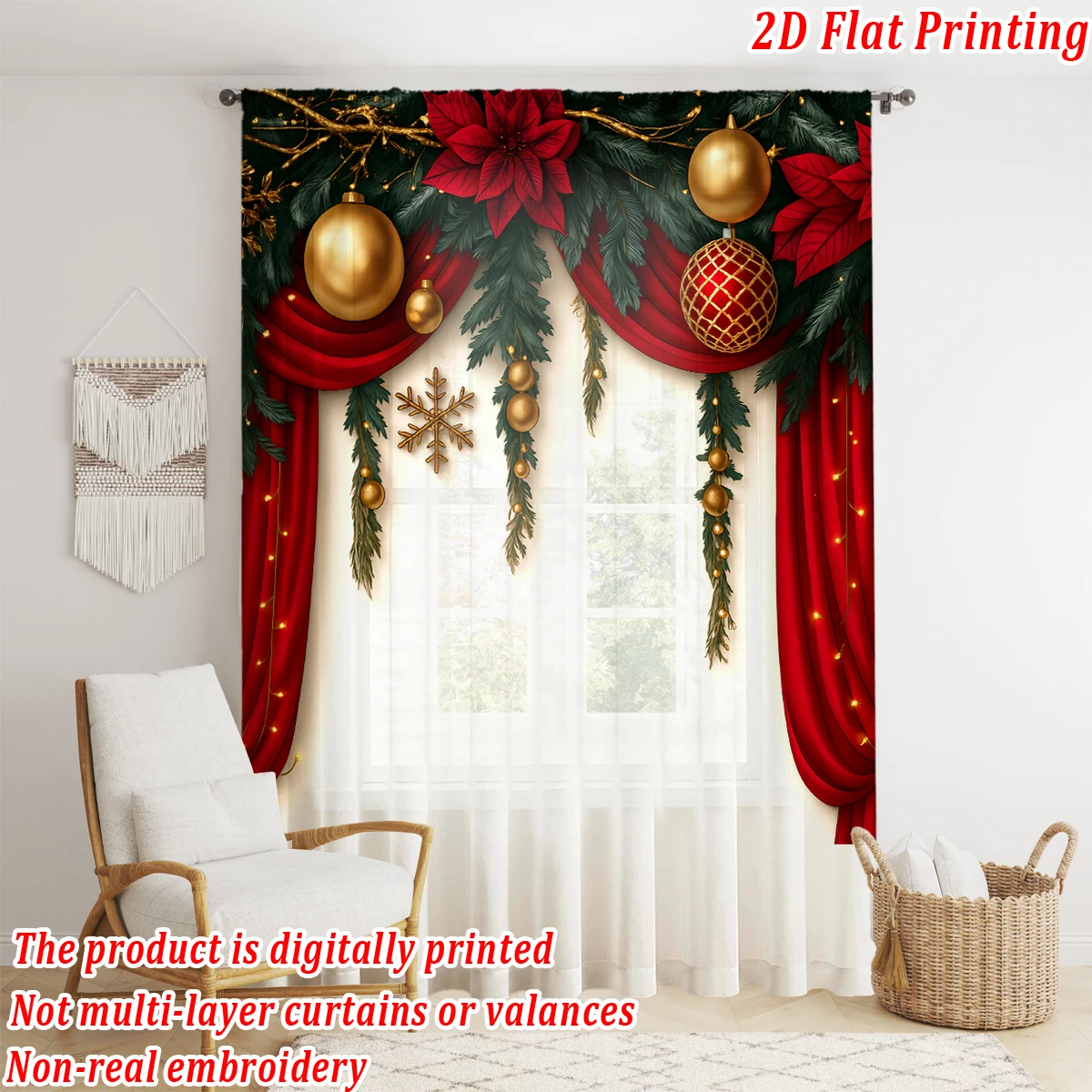 Christmas Flat Printing Sheer Curtain with Christmas Ball Poinsettia Snowflak Pine Branch for Living Room Decor Holiday Party