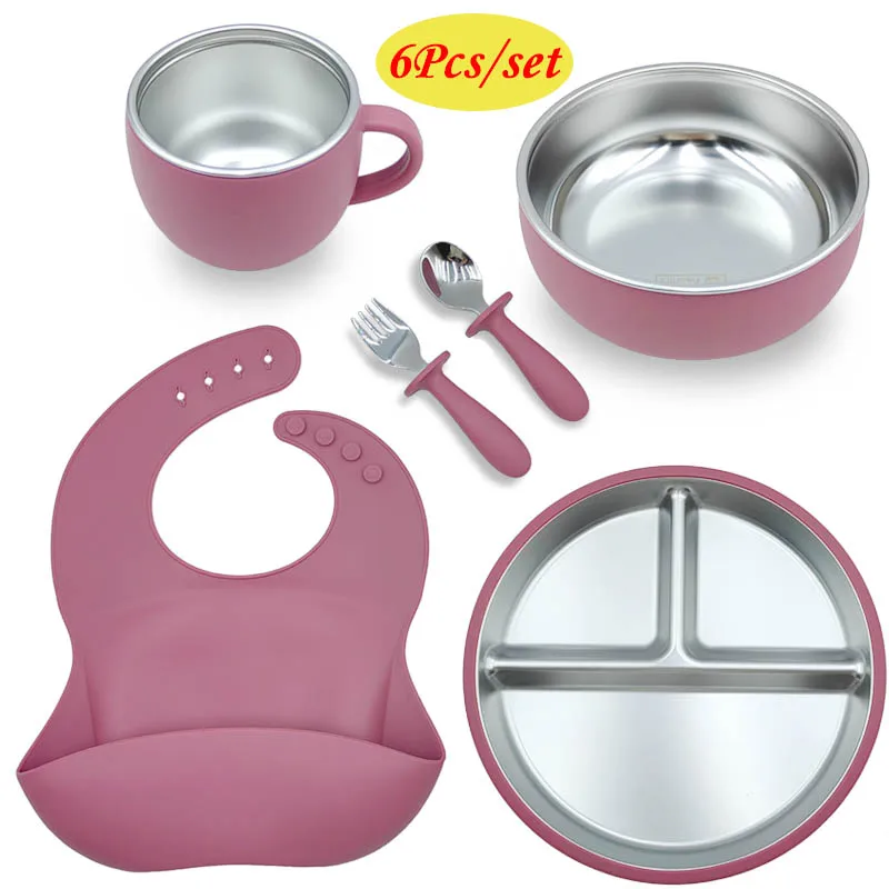 

6Pcs Baby Feeding Plate 304 Stainless Steel Plate Bowl With Silicone Shell Baby Suction Cup Plat Spoon Fork Cup Baby Feeding Set
