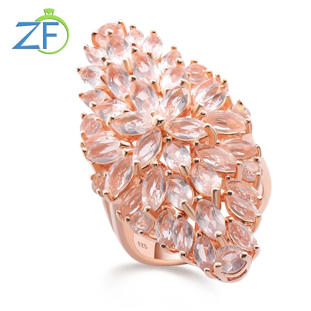 GZ ZONGFA Natural Quartz Ring 925 Silver Crystal 7.34ct Pink Quarte Charm Ring for Women 14K Rose Plated Fine Jewelry Party Gift