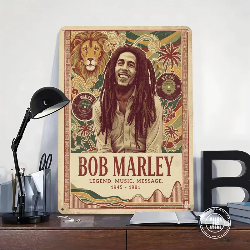 Bob Marley Portrait With Lion and Records Personalized 3D Textured Metal Poster Wall Art Vintage Tin Signs for Decor Living Room