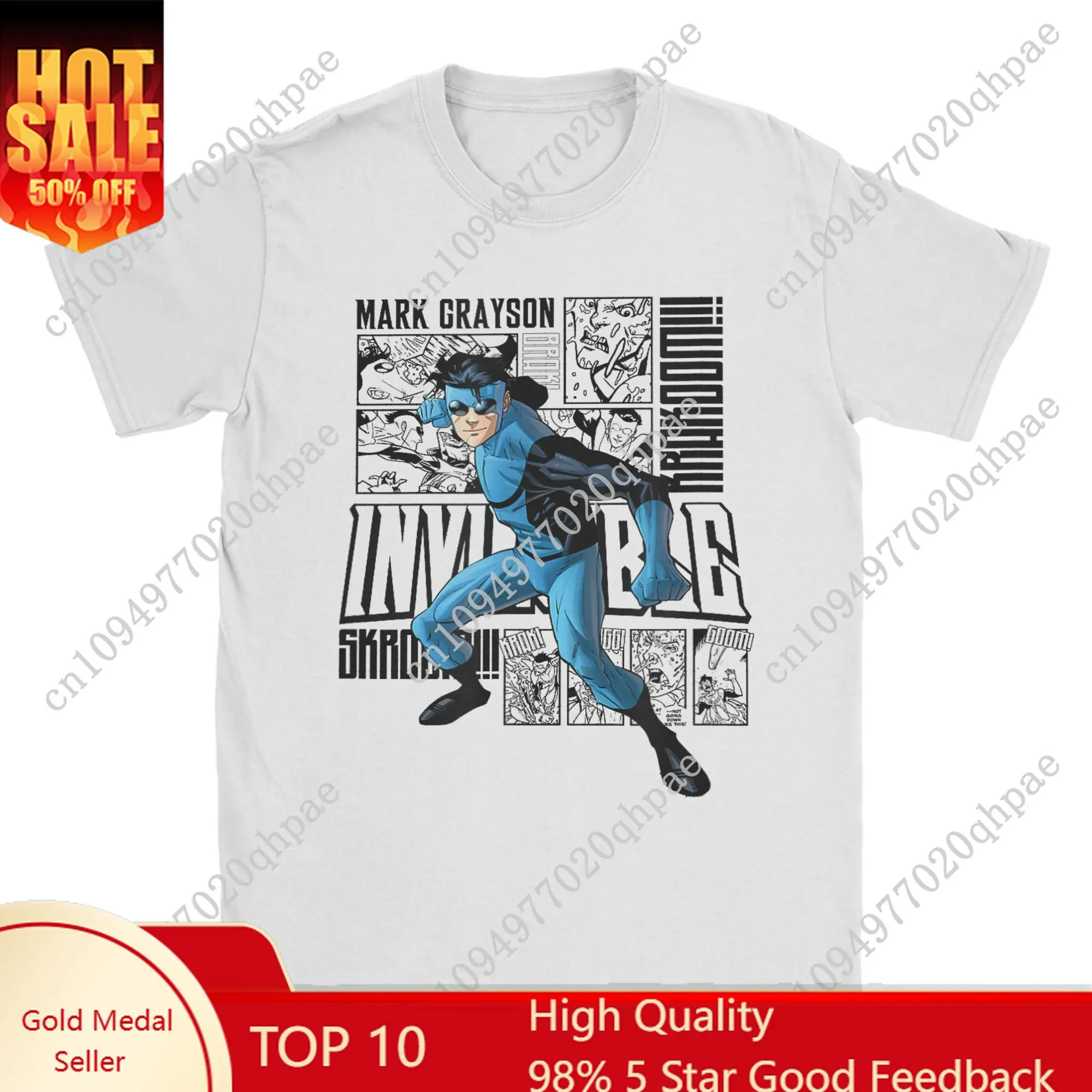 

Invincible Blue Suit Collage T-Shirts Men Anime Cartoon Vintage Cotton Tee Shirt Crew Neck Short Sleeve T Shirts Party Clothes