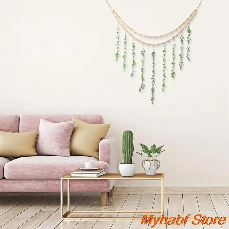 Hanging Artificial Eucalyptus Leaves with Wooden Beads Bohemian Wall Hanging Ornament Hemp Rope for Home Living Room Decor