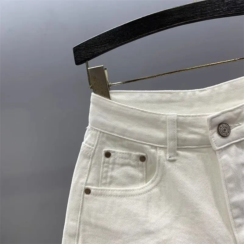 헤비 인더스트리 자수 화이트 카우보이 반바지 여성 여름 신상 하이웨이스트 다용도 슬림 A라인 스트레이트 레그 팬츠