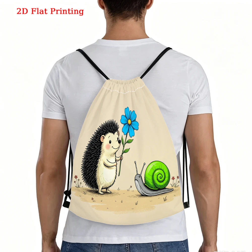 Hedgehog Holding Blue Flower Snail Drawstring Backpack, Travel Shoe Bag, Fitness Sports Backpack, Outdoor Bag