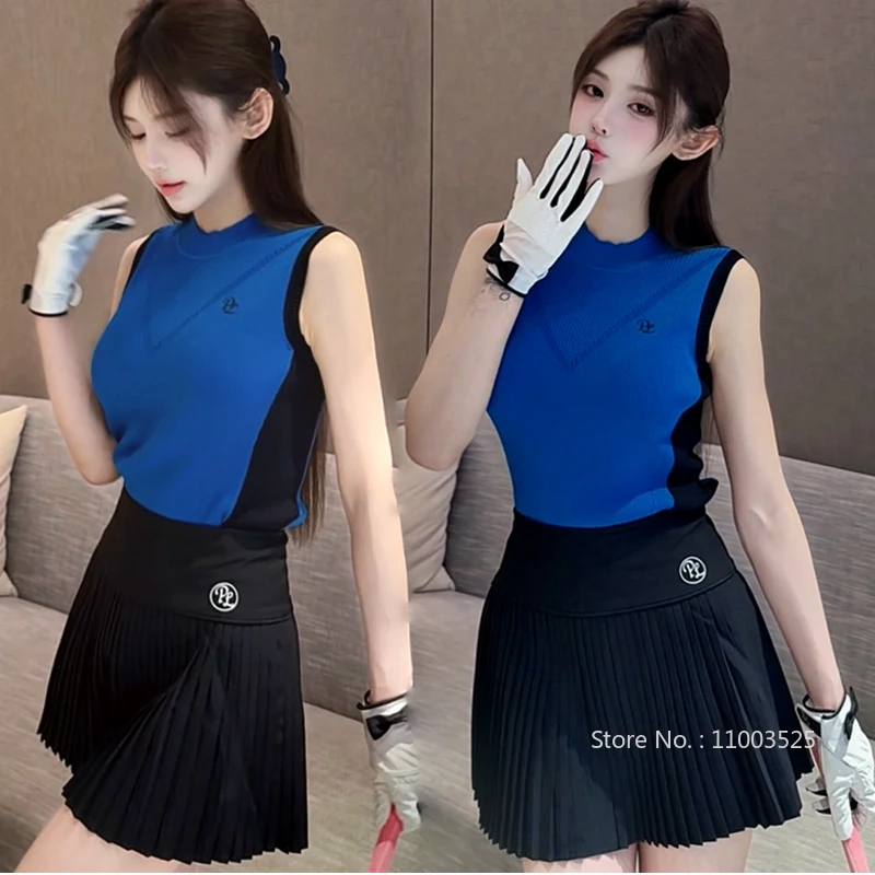 PL Korean Golf Clothing Women Sleeveless Knitted Shirt Slim Golf Tank Tops Ladies High Waist Tennis Skirts Pleated Leisure Skort