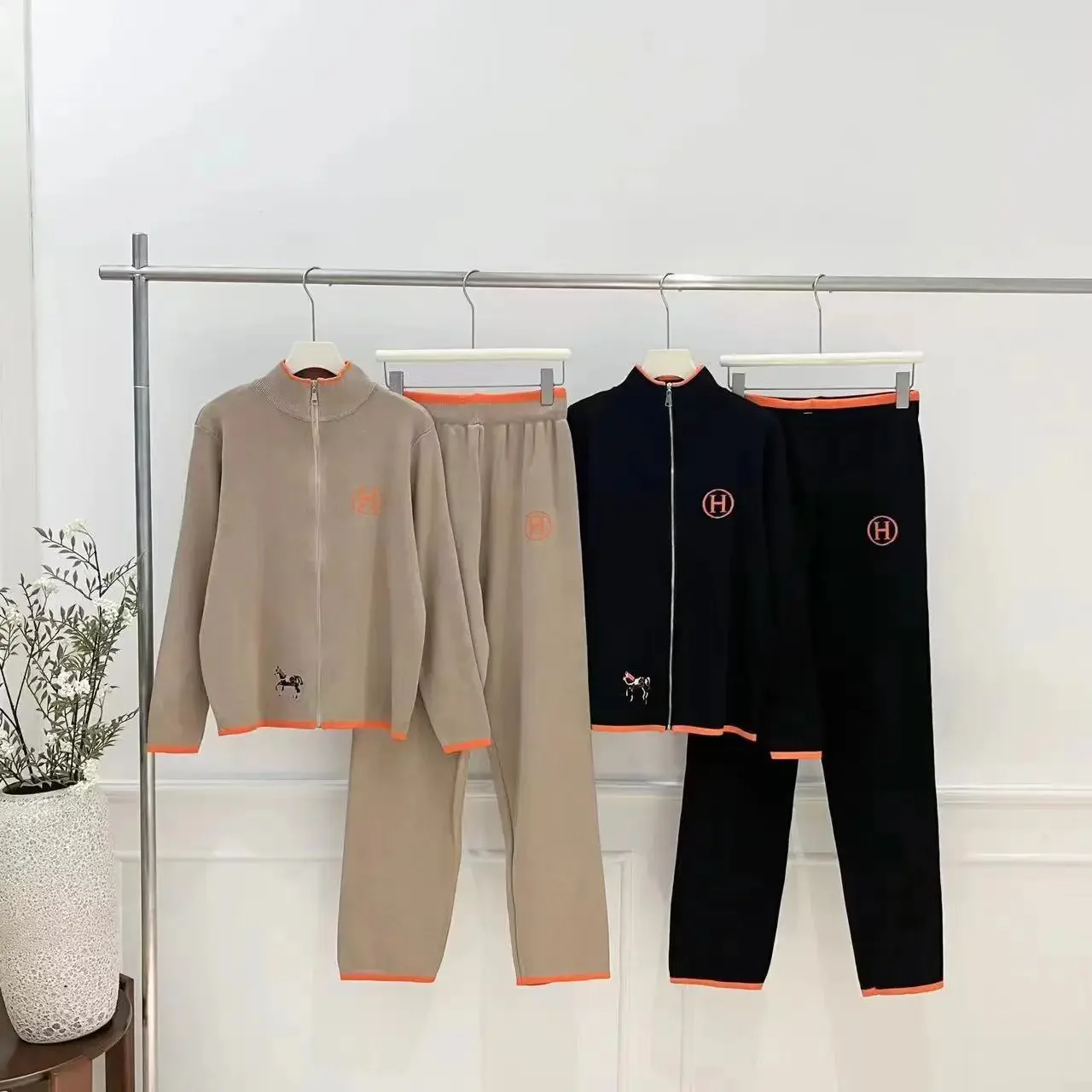 Color-block Long-sleeved Coat with Creative Little Horse Embroidery and Knitted Long Pants Two-piece Set