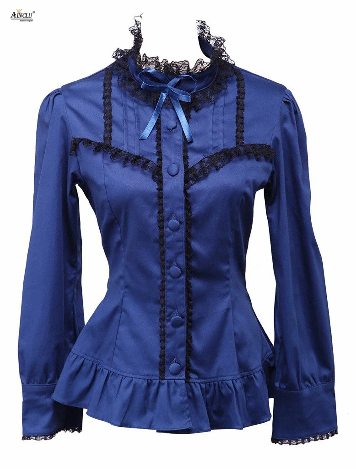 

Женская блузка Ainclu: модная, темно-синяя, с длинными рукавами, кружевом/бантом, в стиле Лолита, из хлопка