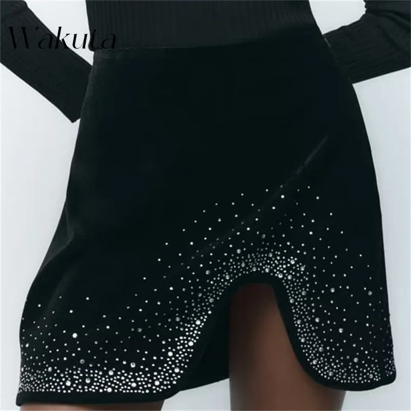 WAKUTA Fashion Sexy Velvet Skirt Casual High-waisted Thin Beads Decorated Versatile Black Skirt Christmas Wear Faldas Ajustadas