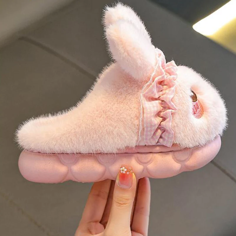 Cute Cartoon Rabbit Furry Indoor Slippers Children 2025 Winter Warm Long Plush Slippers Warm Long Plush Children's Home Slides