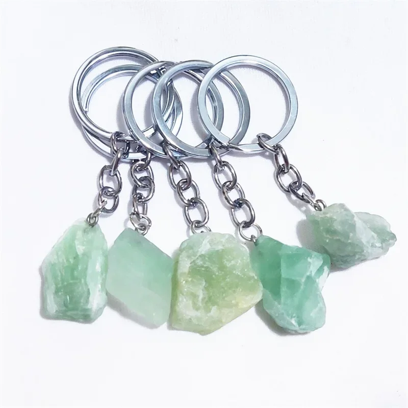 1pc Natural Raw Ore Green Fluorite Stone Key Ring Crystal Quartzs Keychain Women Men Handbag Mineral Keyring Jewelry