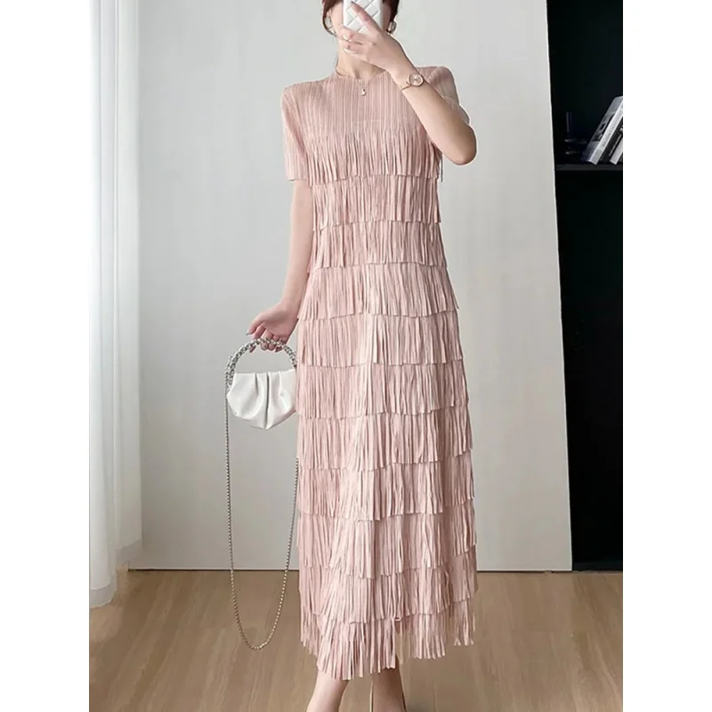 

2023 Early Autumn New Miyake High-end Fringe Stitching Summer Long Pleated Temperament Ageing Short-sleeved Women's Dresses