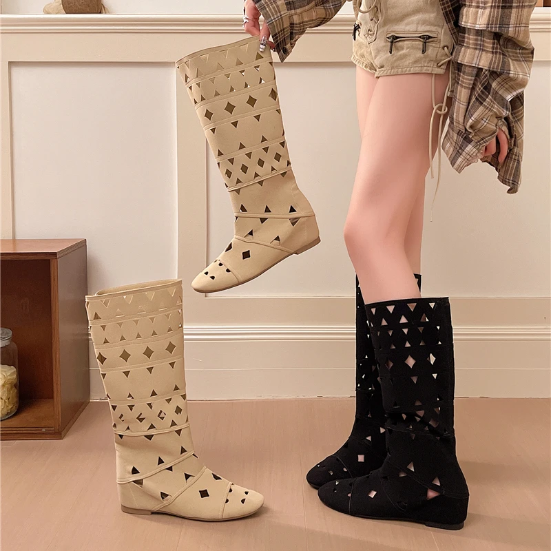

Women's Spring Summer Solid Color Retro Hollow Breathable Mid-High Summer Sandals 2026 New Round Toe Large Size Slip-on Sandals