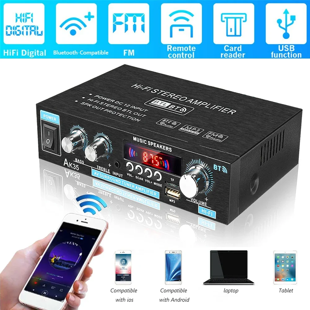 

AK35 Bluetooth-compatible HiFi Stereo Audio Power Amplifier Dual Channel Power Amp with USB TF RCA AUX Input + Remote