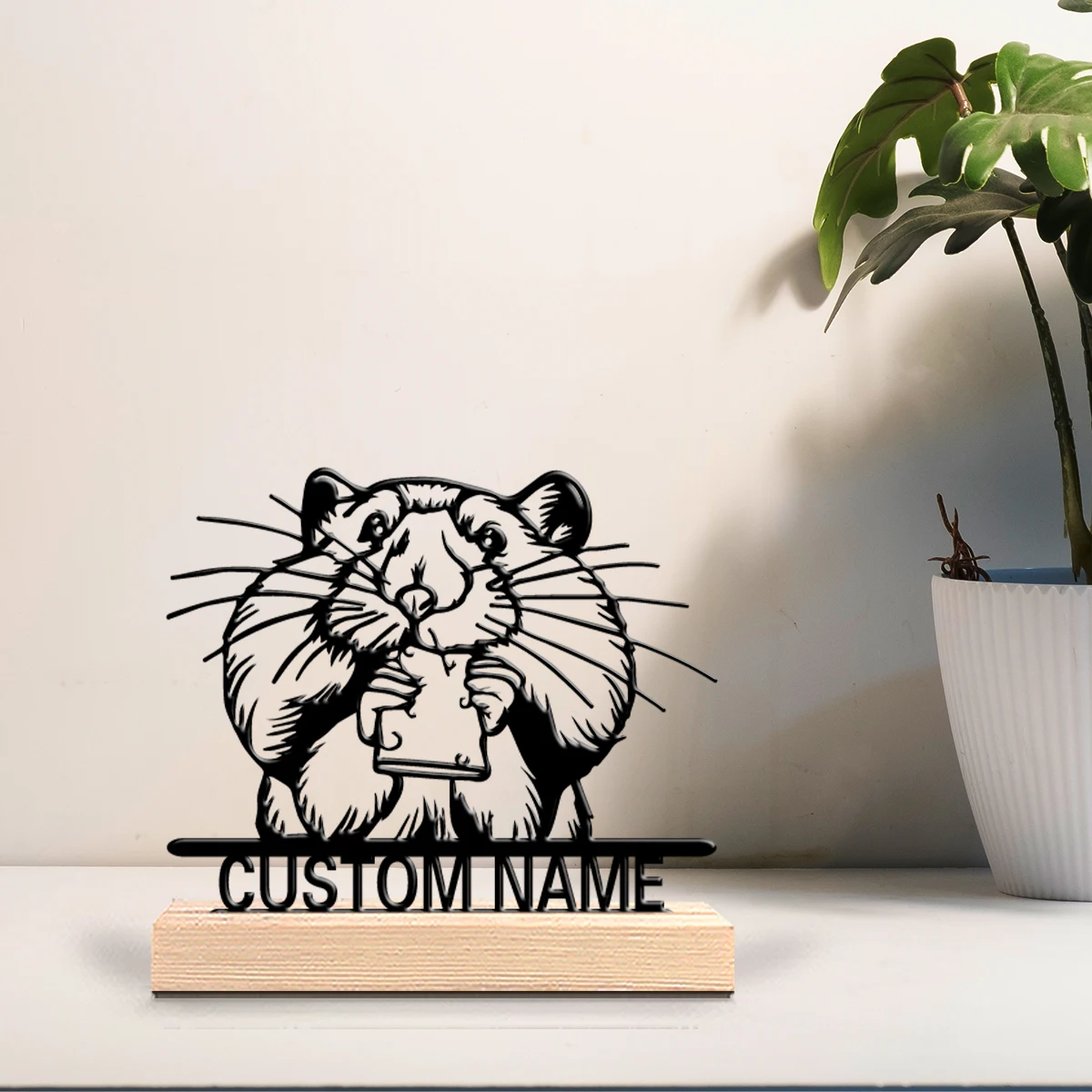 1pc Weird Personalized Custom hamster Metal Statues Nature-Inspired Wooden Base Decor for Office Living Room Zen Calm Spaces