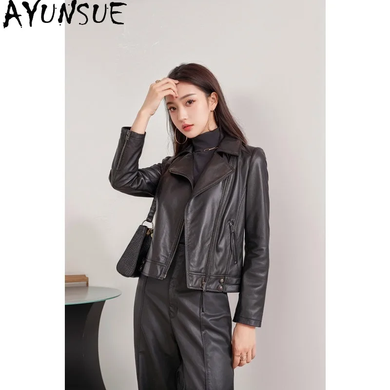 AYUNSUE Real Leather Jacket Woman Motorcycle Short Fitted Outerwear Fashion Commuter Sheepskin Black Jackets Woman Clothes 2026