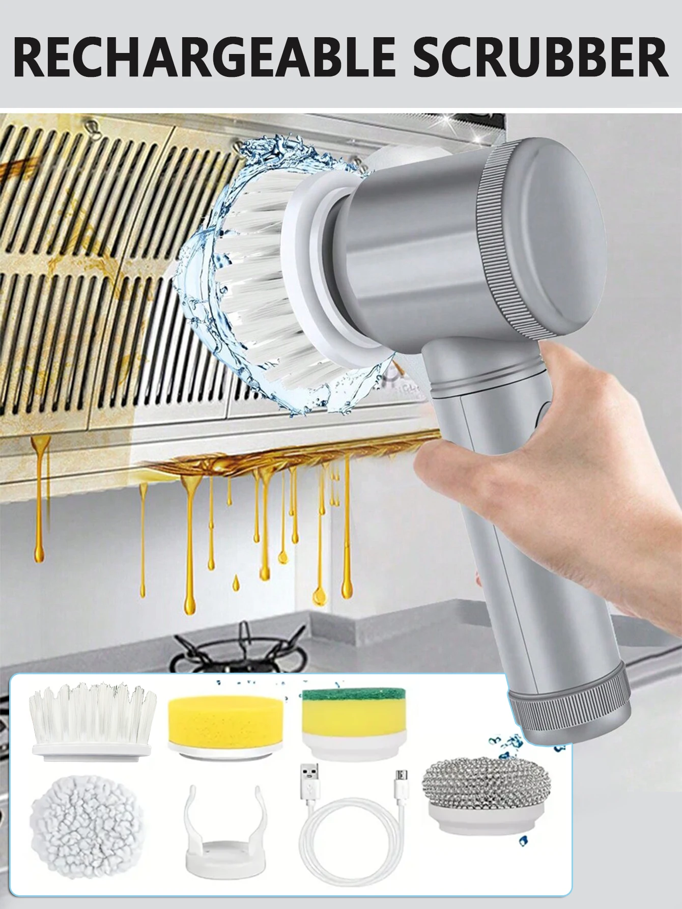 1 Set Electric Spin Scrubber With 5 Replaceable Brush Head Power Cordless Kitchen Scrubber HandheldRechargeable Shower Scrubber