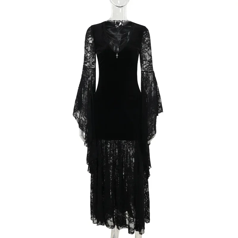 Y2K Goth Floral Lace Mesh Flared Sleeve Bodycon Party Dresses Sexy Vintage Elegant Black Velvet V-Neck Long Dress Partywear