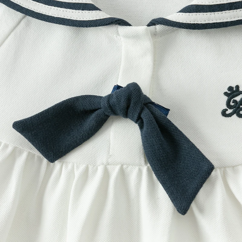 Dave Bella Girls White Dress 2024 New Summer Children\'s Baby Sailor Collar Cute Sweet Fashion Casual Academic-Style DB2241215