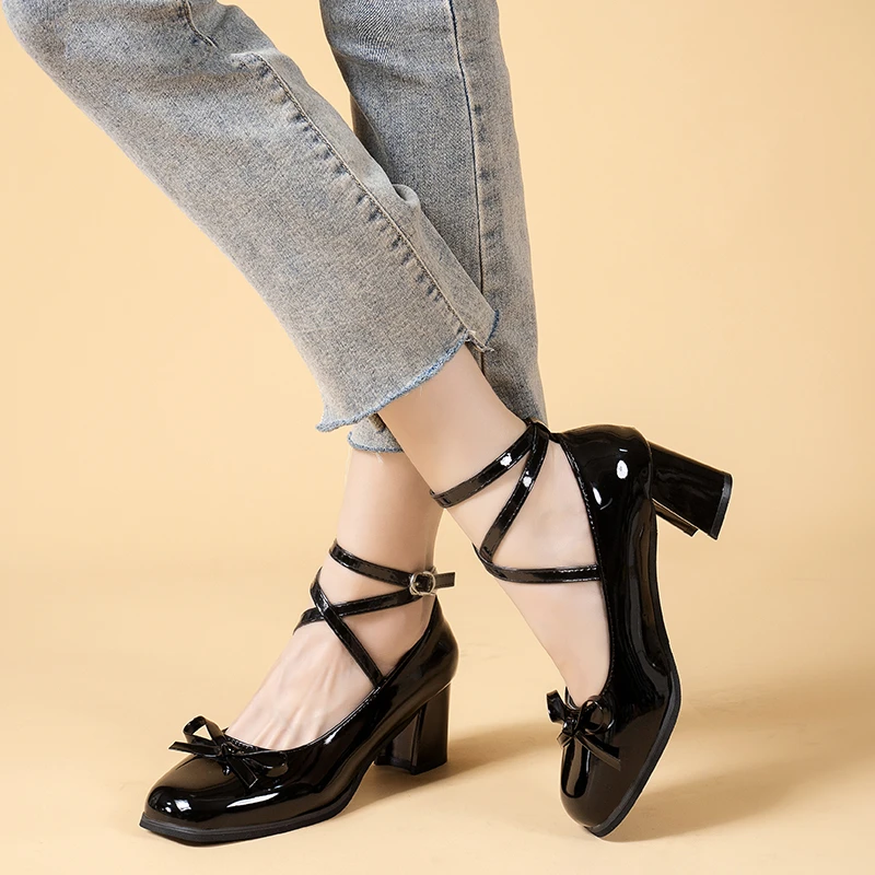 Black Retro Cross-Tie Pumps Casual 2022 Summer Marry Janes Round Toe Shoes Ladies Lolita Sweet Fashion Shoes Woman Bow Design