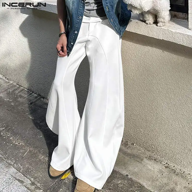 INCERUN 2024 Korean Style Trousers Men's Loose Split Line Design Wide Leg Pantalons Fashion Streetwear Solid Flared Pants S-5XL